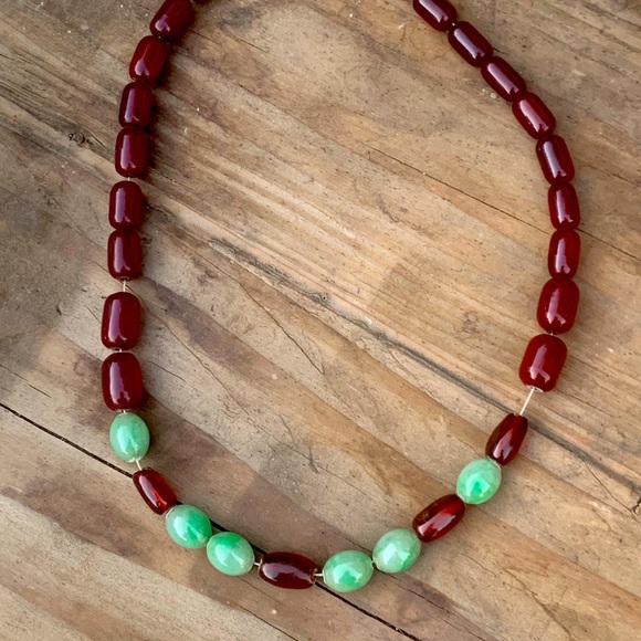 Art Deco Red Cherry Bakelite & Jade Necklace